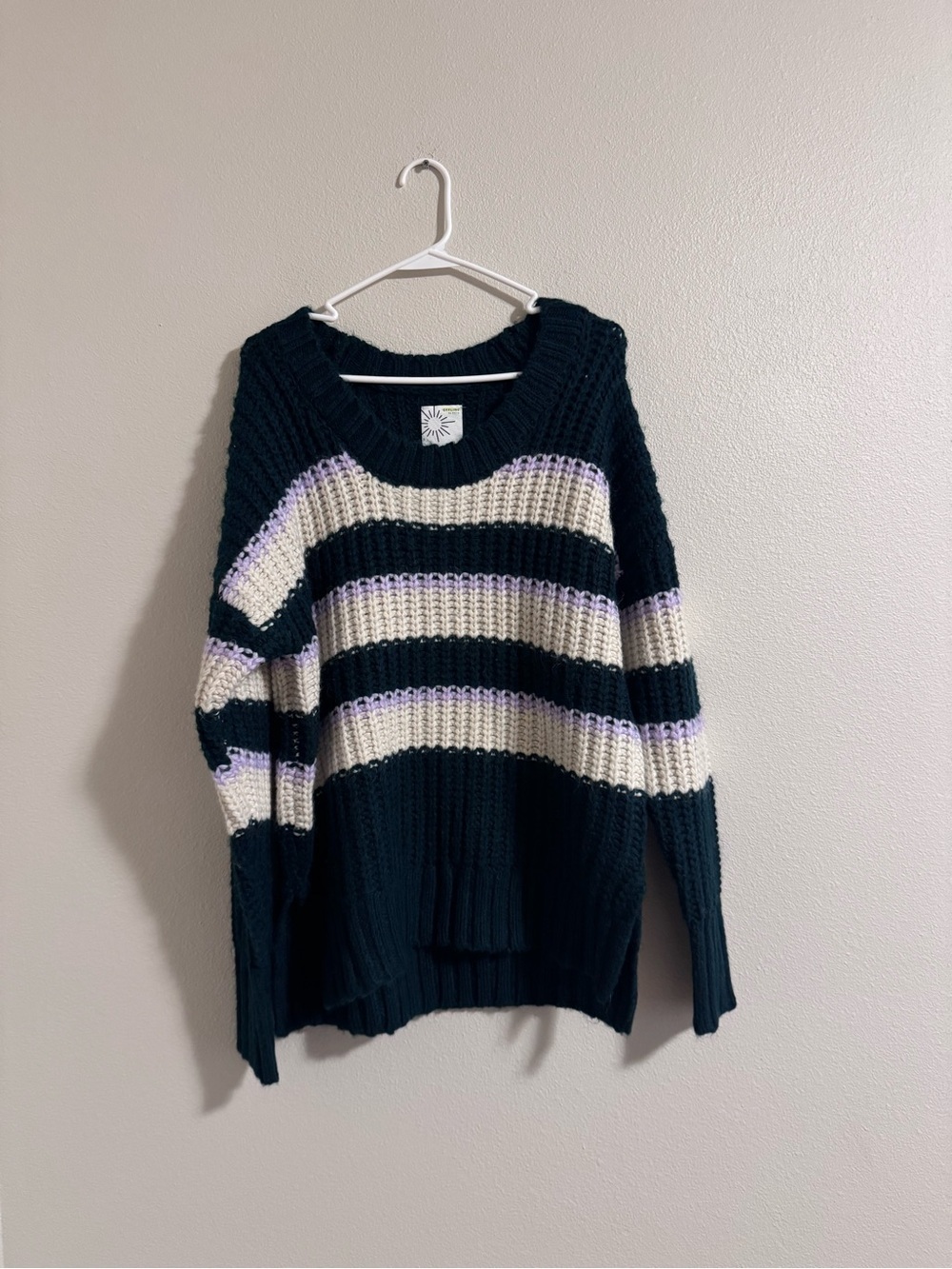 NWT AERIE Striped Crewneck Sweater in Black, Cream & Lavender